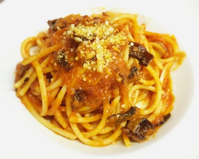 bucatini amatriciana: guanciale, spicy tomato sauce, pecorino and red onion